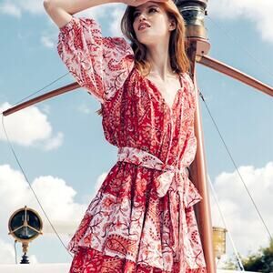 NWT Charina Sarte Paisley Pull Over Puff Sleeve Red & White Casual Mini Dress